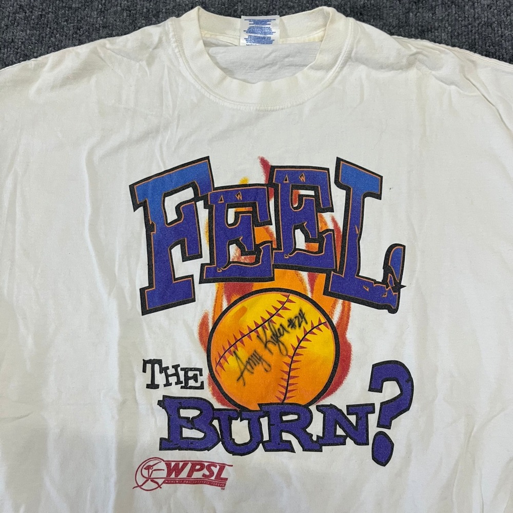 M&O Knits T-Shirt Mens Size XL White WPSL Softball Feel The Burn Signed Graphic